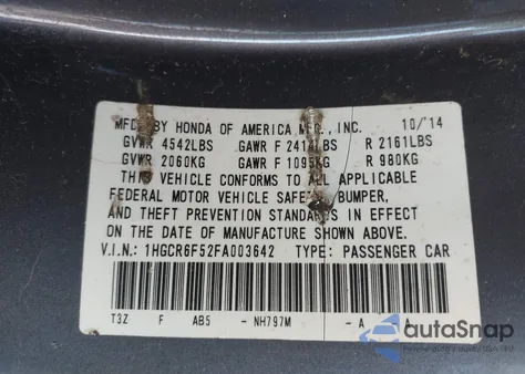 2015 Honda Accord Hybrid Ex-L из США, поврежденный, VIN 1HGCR6F52FA003642